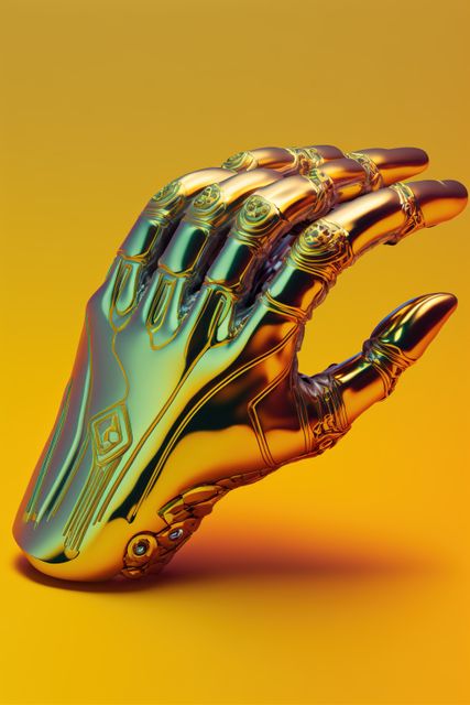 Golden robotic hand exemplifies advanced technology and futuristic design. Use this image in contexts related to innovation, AI, cybernetics, and modern robotics. Suitable for tech blogs, AI presentations, and marketing materials highlighting technological advancements.