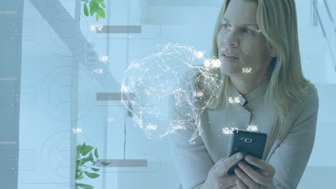 Businesswoman Using Smartphone with Digital Network Visualization