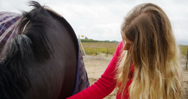 Woman with Long Blonde Hair Caring for Horse in Outdoor Setting - Download Free Stock Images Pikwizard.com