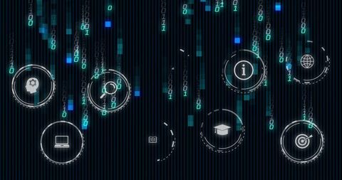 Streaming binary rain with neon circular ui icons for futuristic data visualization