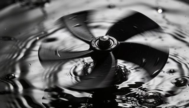 Spinning four-blade propeller hub creating ripples in dark liquid macro closeup monochrome