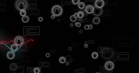Glowing avatar node network connecting chat bubbles with red-cyan data graph on dark interface
