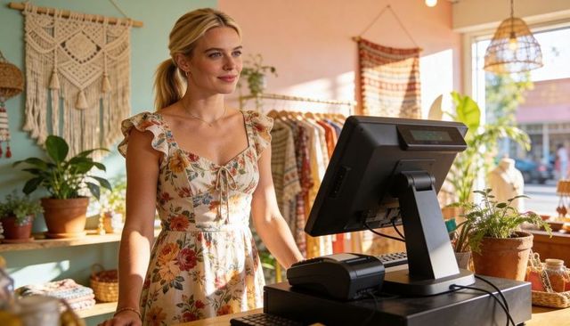 Boutique clerk using pos in sunlit bohemian shop wearing floral sundress