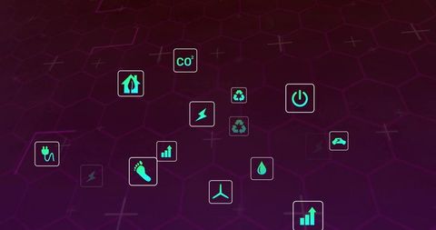 Visualizing energy and sustainability icon network on hex grid dashboard, neon teal accents
