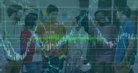 Diverse Team Collaborating with Business Financial Data Overlay