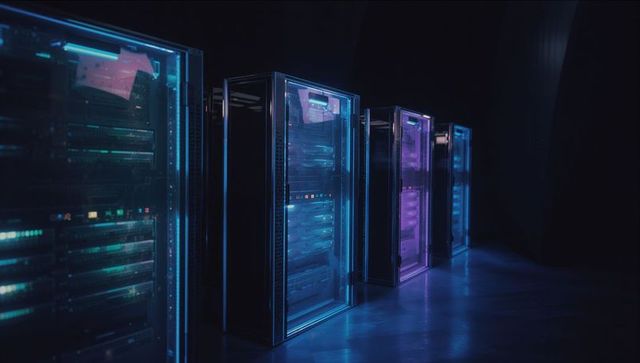 Futuristic Data Center with Illuminated Server Cabinets