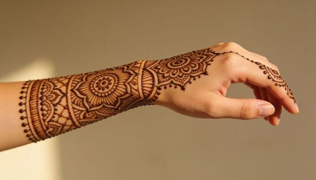 Intricate henna mehndi forearm design featuring floral mandala and finger chain detail