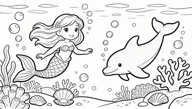 Swimming mermaid and dolphin coloring page for kids underwater scene with coral and bubbles