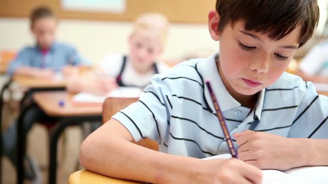 A young boy attentively writes in a notebook, surrounded by classmates who are also focused on their tasks. This can be useful in educational materials to highlight focus during class, study techniques, or educational products marketed towards parents and schools. The image can illustrate advertisements or promotional materials for school programs and study guides.