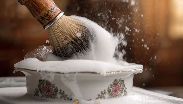 Shaving brush lathering rich foam pressing into vintage porcelain bowl, bubbles splashing