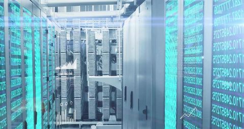 Futuristic server racks glowing with cyan code panels and bundled cabling in data center