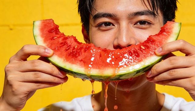 Juicy watermelon smile young man holding dripping slice against vibrant yellow wall