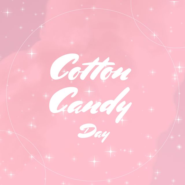 Perfect for social media posts and digital marketing campaigns celebrating Cotton Candy Day. This design can be used for banners, posters, and greeting cards, evoking a sense of fun, festivity, and sweetness. Ideal for drawing attention with its bright pink tones and sparkling accents, making it applicable for candy stores, events, and promotional communications.