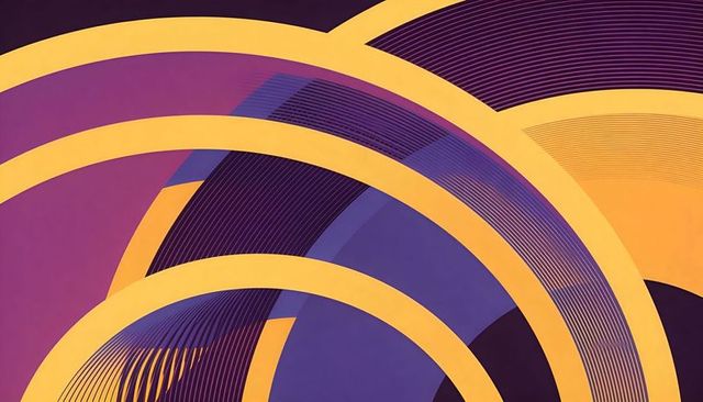 Mustard arcs overlapping purple striped rings in retro geometric layered abstract design