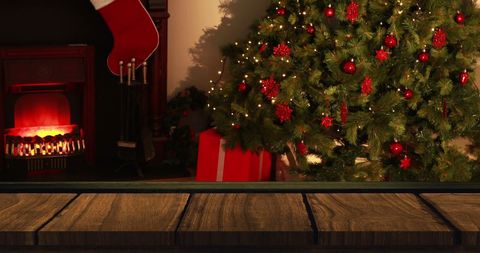Festive Christmas Tree with Warm Fireplace Background Calm Atmosphere