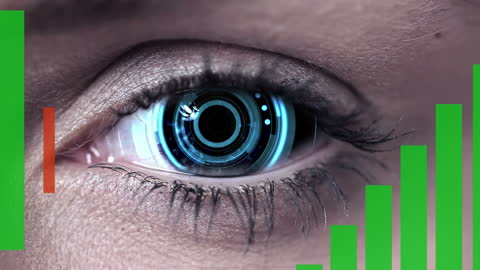 Close-up of a woman's eye overlaid with a bar graph, representing a fusion of human features and technology. This visually suggests themes of data analysis, finance, and the future of digital technology. Ideal for use in projects related to finance, technological innovation, biometrics, and futuristic design concepts.