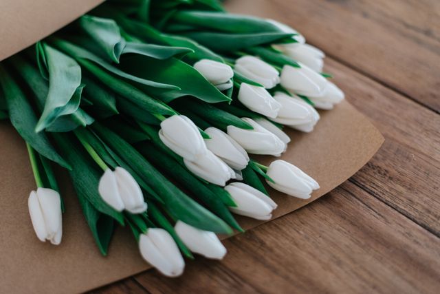 Bouquet of White Tulips Arranged on Wooden Surface - Download Free Stock Photos Pikwizard.com