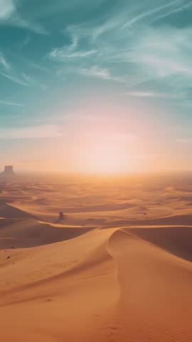 Vertical drone footage capturing low sun over sweeping sand dunes with wind sensors monitoring haze