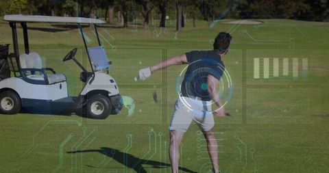 Golfer Preparing Swing with HUD Elements on Golf Course