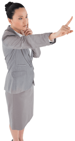 Transparent Asian Businesswoman Thinking and Pointing Upward