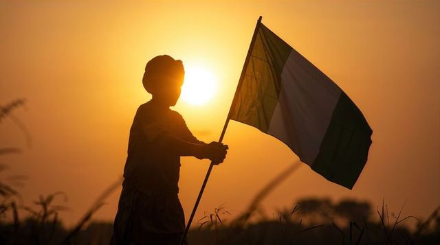 Silhouette child raising green-white-green flag at golden sunset in rural landscape