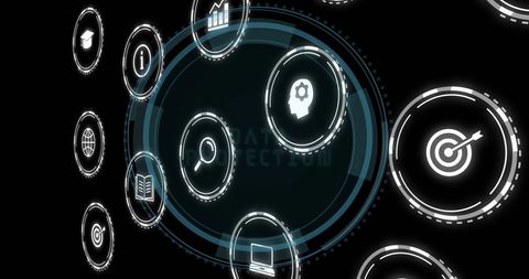 Futuristic digital data processing icons on dark background