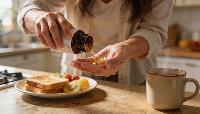 Morning wellness ritual pouring omega-3 softgel vitamins into palm on sunlit countertop