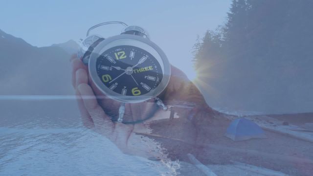 A surreal image where a group of friends are camping by the lake in a forest, with a hand holding a retro clock overlaying the natural scene. Trees, a serene lake, and a tent highlight the foreground while a distant sunrise enhances the beauty. Suitable for illustrating adventure vacations, time management, camping enthusiasts, or nature-themed blogs.