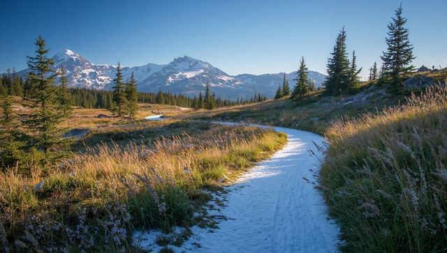 Winding snowy trail through alpine meadow leading toward dramatic snow-capped mountain peaks