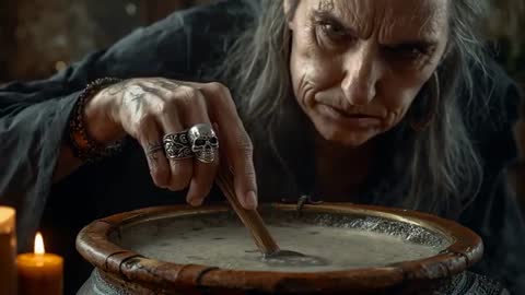 Enchantress Stirring Brew in Mysterious Cellar Ritual
