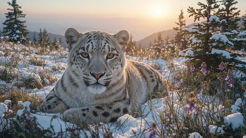 Snow leopard resting in snowy alpine meadow with scenic sunrise