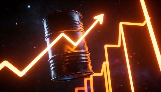 Floating metallic barrel reflecting neon rising arrow and glowing market chart