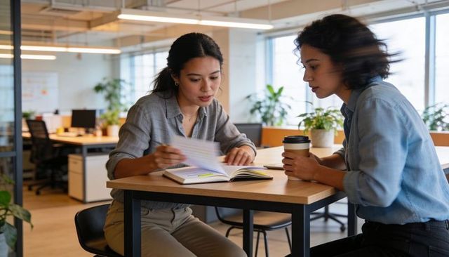 Two Women Reviewing Notes at High Table Collaborating Over Notebook and Coffee in Office