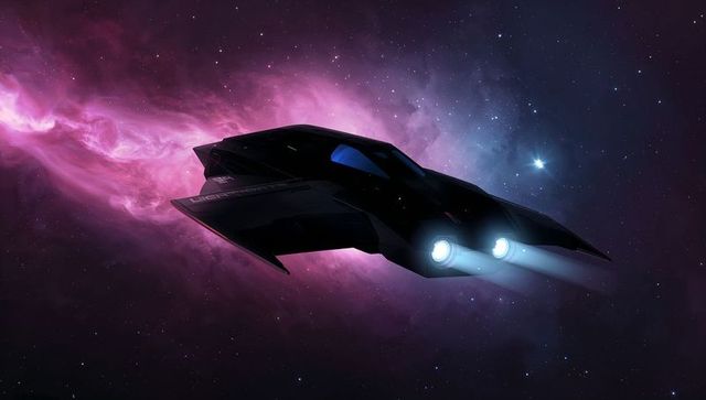Sleek stealth starship soaring past pink-purple nebula with twin glowing thrusters