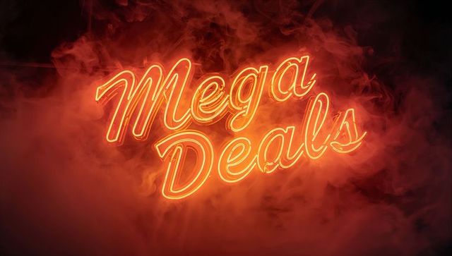 Glowing orange-red neon mega deals sign casting smoky amber halo dramatic retail promotion