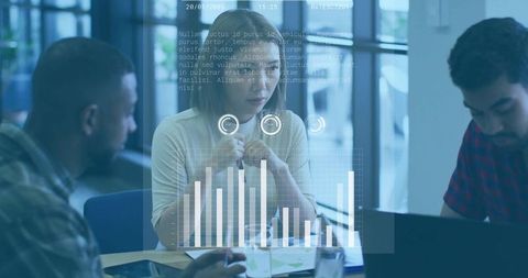 Asian woman leading data-driven team meeting with hud analytics and laptop collaboration