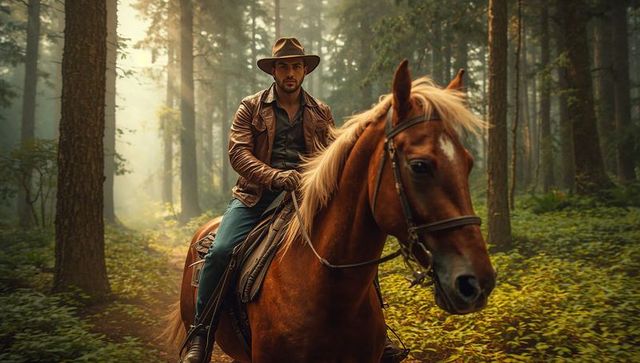 Cowboy riding horse in misty forest adventure