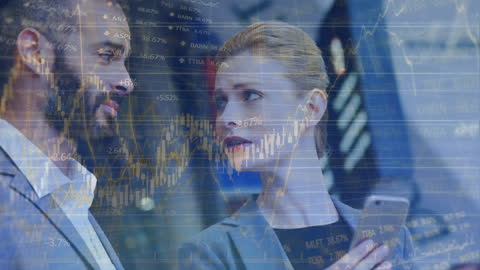 Business Partners Analyzing Stock Market Data Overlay