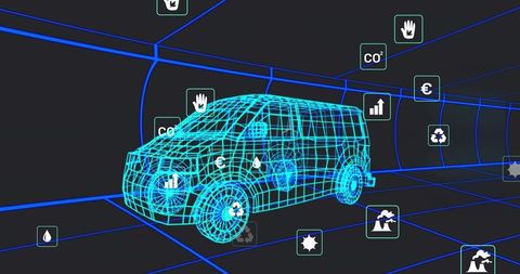 Futuristic cyan wireframe van projecting sustainability metrics and 3d analytics dashboard