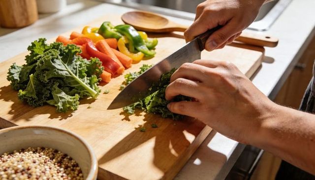 Hands chopping kale with chef knife on wooden cutting board with peppers and carrots