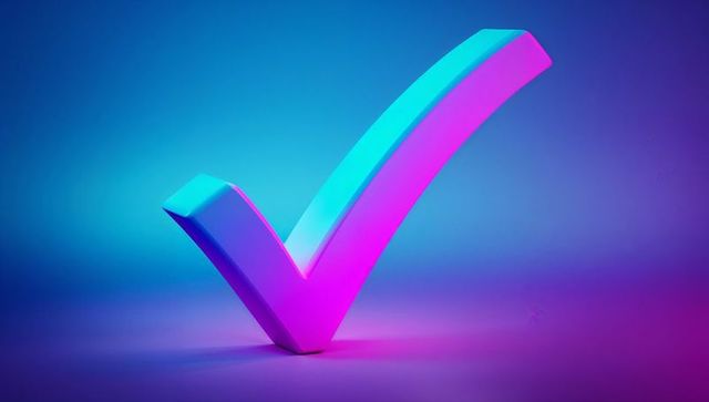 Neon Check Mark on Reflective Floor with Cyan Magenta Gradient