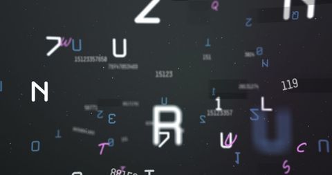 Floating numbers and letters on dark background