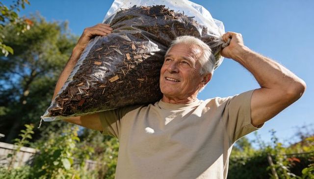 Senior man carrying heavy bag of mulch on shoulder in sunny backyard garden