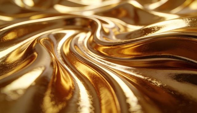 Liquid gold fabric texture with glossy metallic ripples and reflective waves for luxury design
