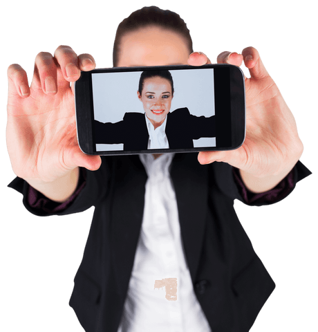Businesswoman taking transparent selfie with smartphone