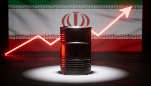 Spotlighting oil barrel before Iranian flag with rising neon price arrow