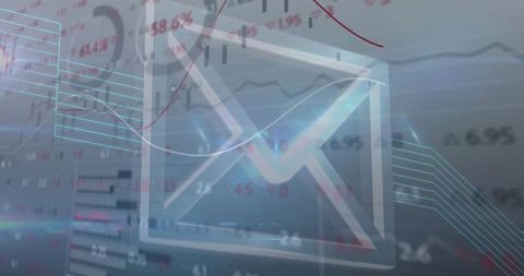 Envelope icon overlaying financial charts and data visualization for mail analytics