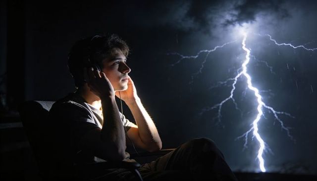 Young man listening to music while watching lightning through window at night storm