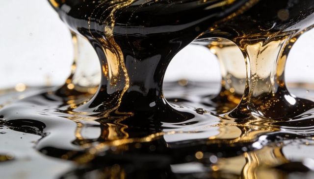 Flowing onyx and liquid gold macro closeup with glossy arches and gold flecks