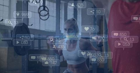 Female athlete squatting with barbell surrounded by social media icons